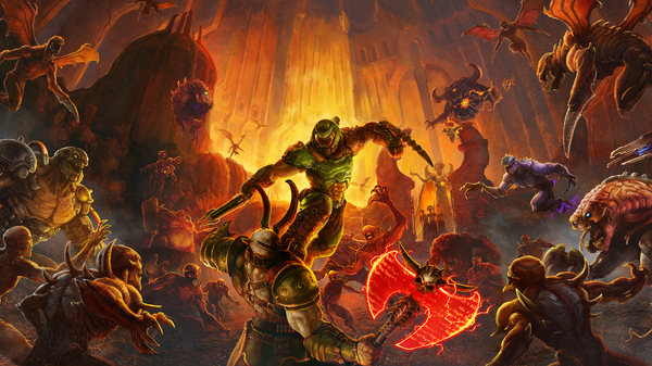 Main promotional art of the Doom Slayer charging a Marauder while getting surrounded by a horde of demons