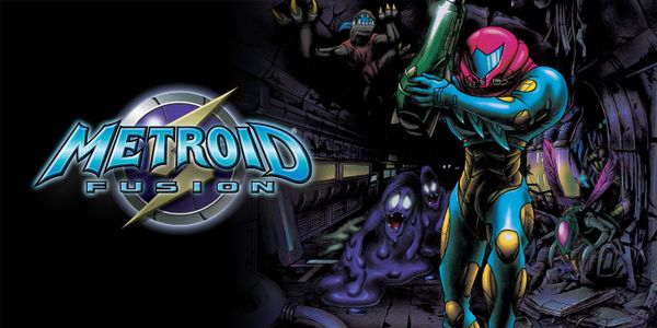 Main promotional art of Metroid Fusion showing Samus brandishing her beam cannon, with X-mutants stalking her from behind