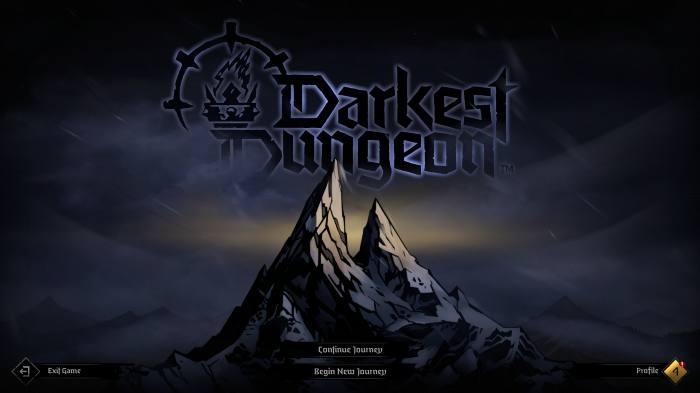 The main menu screen of Darkest Dungeon 2, showcasing the titular mountain that needs to be reached.