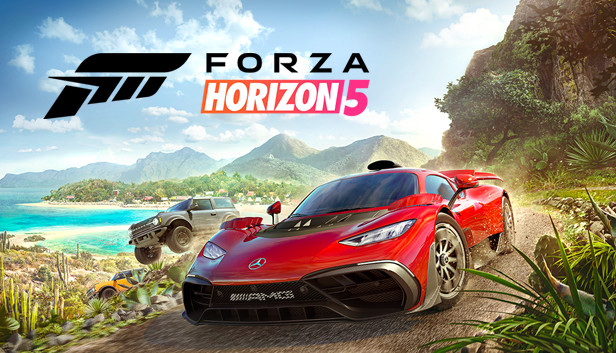 Promotional art for Forza Horizon 5 showcasing two cars driving in the Mexican countryside