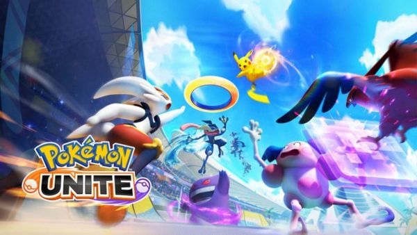 Main promotional image of Pikachu, Gengar, Cinderace, Mr. Mime Greninja, and Talonflame all competing in a Unite Battle