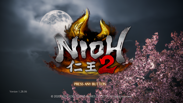 The starting menu screen for Nioh 2, featuring the game's logo