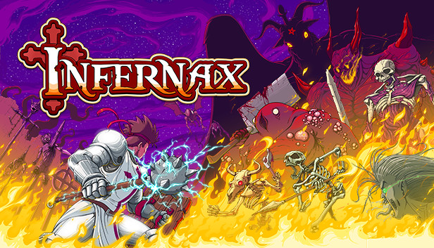 The player character of Infernax, standing down the forces of Hell surrounded by fire. All While Baphomet watches on.