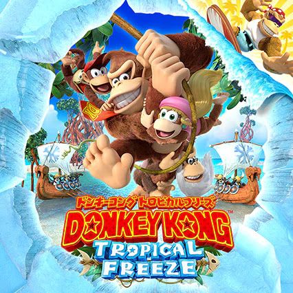 The player characters of Donkey Kong, Diddy Kong, Dixie Kong, and Kranky Kong all swinging on a vine through a sheet of ice