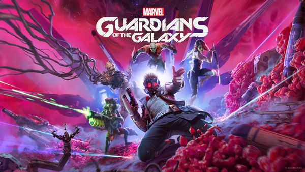 Key art of the Guardians of the Galaxy jumping into action
