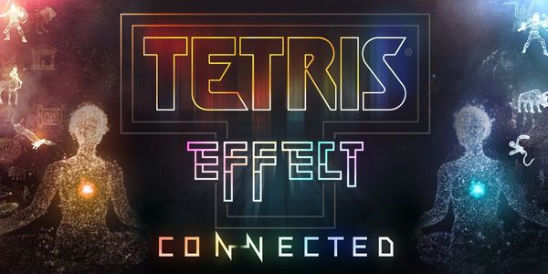 The Tetris Effect logo, showcasing cave paintings and two person shaped constellations